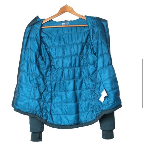 MEC Polartec Jacket Lightweight Teal Blue Green Quilted Hooded Coat Winter Hike - Picture 2 of 7